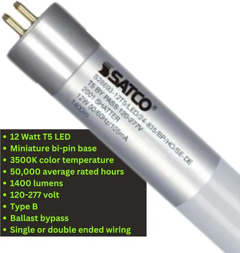 Vista 4 de Satco S28693 - Bombilla LED lineal T5 de 12 vatios; esmerilada; base G5 Mini Bi-Pin, 1400 lúmenes, 120-277 voltios, 3500 K, tipo B; derivación