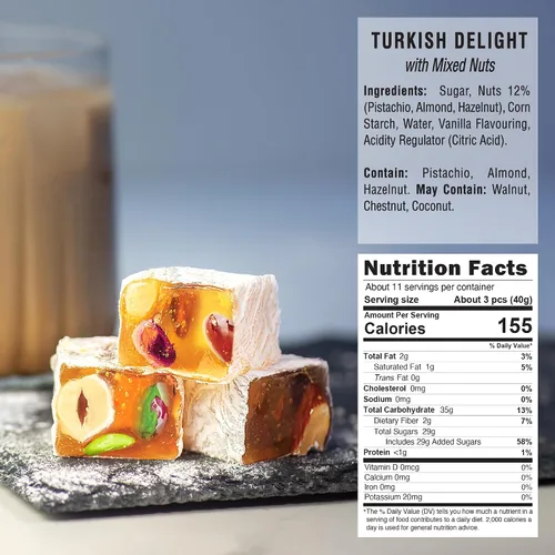 Vista 3 de Hazer Baba Delicias Turcas, Caja de bocadillos gourmet con nueces mixtas y sabor a vainilla, bocadillo tradicional vegano, Lokum turco, dulces