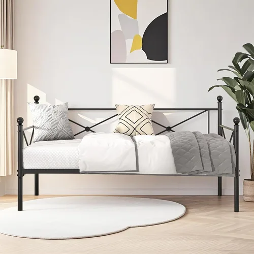 Vista 3 de VECELO Marco de cama de día con cabecero, plataforma de soporte de listones de metal resistente para sala de estar, habitación de invitados, fácil