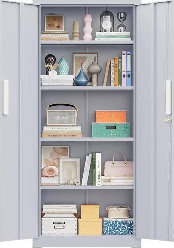 Vista 32 de Greenvelly Armario de almacenamiento de metal con puertas y estantes, armario de almacenamiento con cerradura de 36 pulgadas para oficina, gabinete