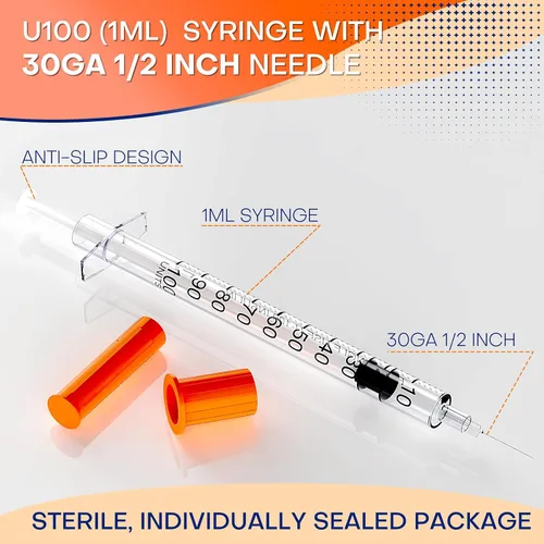Vista 3 de Jeringa de 1ml/cc con aguja, calibre 30 de 1/2 pulgada, suministros desechables de dispensación de laboratorio envueltos individualmente, paquete
