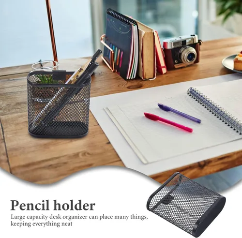 Vista 6 de Organizador de escritorio de metal con forma ovalada de malla negra para almacenamiento de artículos de papelería de oficina, 3.93 x 3.54 x 1.37