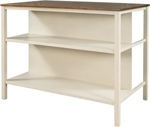 Vista 6 de Polibi Juego de isla de cocina de 3 piezas con 2 taburetes y 2 estantes, juego de mesa de comedor de madera de goma rústica con estantes abiertos