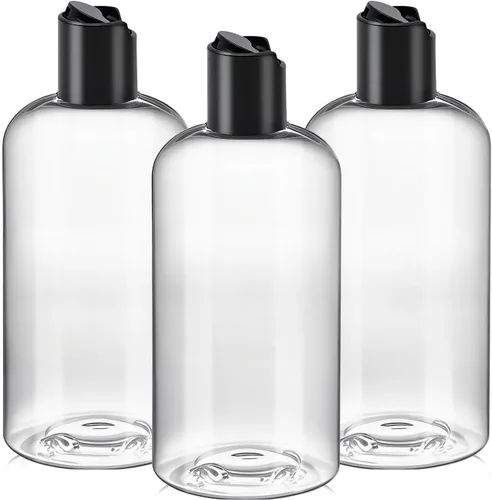 Vista 10 de 3 botellas de viaje recargables de plástico transparente de 16 onzas con tapas superiores de disco negro Squeeze Empty Shampoo Bottles, For