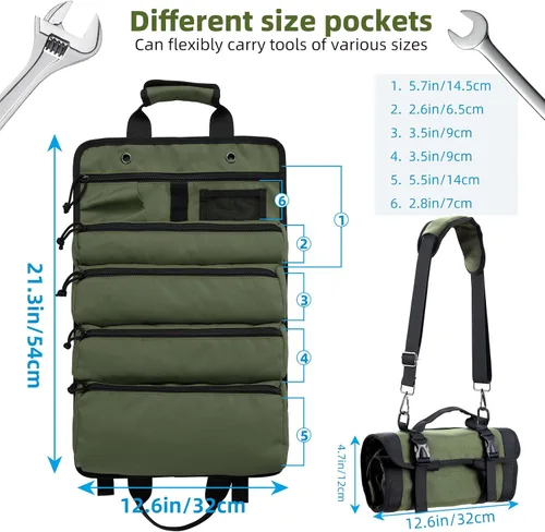 Vista 6 de Koolertron - Bolsa de herramientas enrollable, organizador de herramientas resistente al agua, 4 cremalleras, tela Oxford 900D, múltiples bolsillos