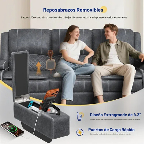 Vista 6 de Sofá reclinable de 3 plazas, sofá reclinable con consola elevable (terciopelo, gris)