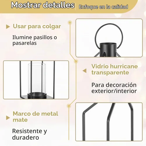 Vista 5 de NUPTIO - Farol decorativo para velas, linterna negra con cristal de huracán Negro