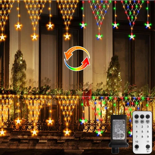 Vista 9 de DBFAIRY Red de luces de Navidad para exteriores, 207 luces LED de red de 13.1 pies de largo x 1.9 pies de alto, con 12 copos de nieve colgantes Copo