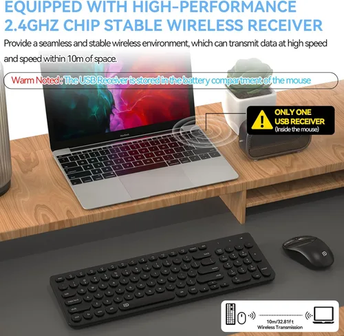 Vista 3 de iK6630 - Combo de teclado y mouse inalámbricos, 2.4 GHz, lindo juego de teclas redondas inalámbricas, ahorro de energía, silencioso y delgado combo