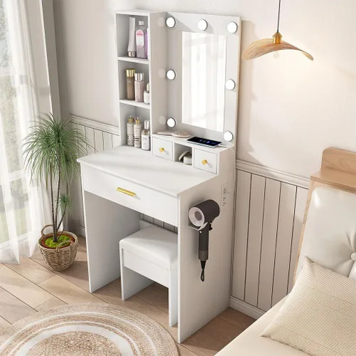 Vista 8 de Pequeño juego de tocador de maquillaje con espejo, tocador de maquillaje compacto con luces LED ajustables y toma de corriente, para dormitorios