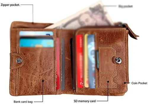 Vista 5 de CZDYUF - Cartera de cuero para hombre, billetera triple con cremallera, cartera de cuero
