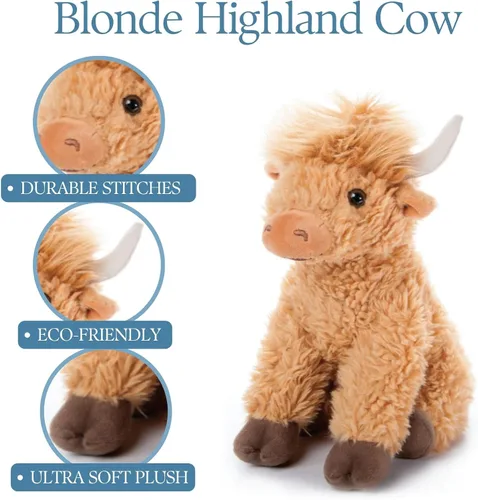 Vista 4 de The Petting Zoo Highland Cow Peluche de peluche, regalos para niños, animales salvajes de la vida silvestre, vaca rubia, 12 pulgadas