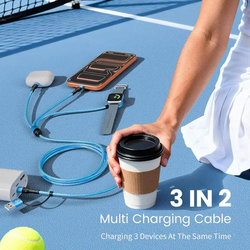 Vista 2 de Cruise Travel Essentials 2026, cable USB A/C 3 en 2 para iPhone 17, cargador iWatch, cable de carga múltiple trenzado, cable de carga múltiple
