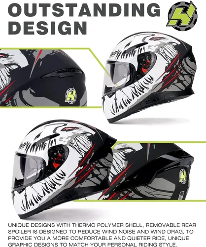 Vista 3 de HAX Full Face Motorcycle Helmet with Dual Rear Wing, DOT Approved Motorbike Street Bike Helmet with Pinlock Ready Plastic Nails for Adult