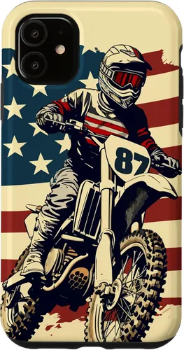 Vista 8 de Funda vintage para iPhone 16 Motocross Rider Dirt Bike con bandera estadounidense