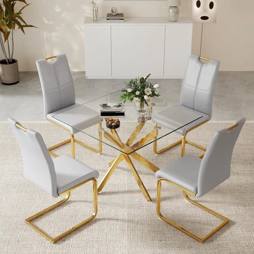 Vista 3 de 36-Inch Square Glass Dining Table Set with 4 Faux Leather High-Back Chairs - Modern Metal Cross-Leg Table with Comfortable C-Leg Seats for Modern
