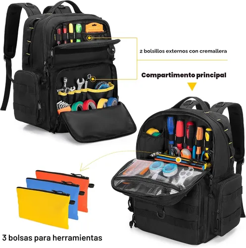Vista 3 de Mochila de herramientas Rexmica para hombres con 3 bolsas de herramientas, bolsa organizadora de almacenamiento de herramientas resistente