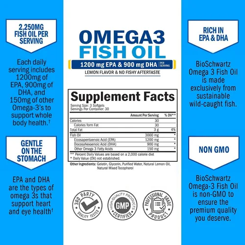 Vista 5 de Suplemento de aceite de pescado Omega 3 de triple fuerza, 2250 mg de ácidos grasos EPA DHA Omega 3 de pescado fresco capturado silvestre, fórmula