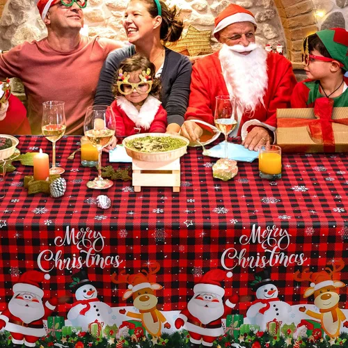 Vista 7 de Tiamon Mantel de Navidad para mesa rectangular, 60 x 104 pulgadas, lavable, diseño de búfalo rojo, muñeco de nieve, Papá Noel, decoración