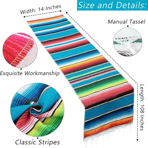 Vista 2 de Camino de mesa mexicano de 14 x 84 pulgadas, decoración de boda para fiesta de fiesta, caminos de mesa de arco iris a rayas Serape Zarape para Cinco