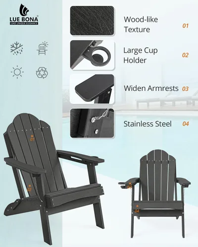Vista 4 de LUE BONA - Silla plegable Adirondack, portavasos, juego de 4, color negro