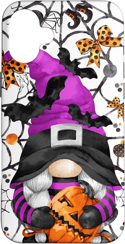 Vista 22 de iPhone 16 Lindo gnomo de Halloween para mujeres y bruja púrpura Witchy Boo Case
