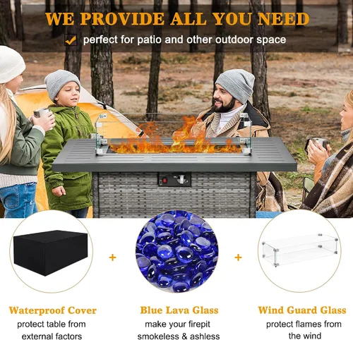 Vista 4 de LayinSun Mesa para fogata de gas propano de 44 pulgadas, 55000 BTU rectangular con protector de viento de vidrio para patio exterior, terraza