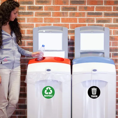 Vista 6 de Calcomanías autoadhesivas con logotipo de reciclaje y basura, letreros redondos para botes de basura y contenedores de basura (6 unidades)