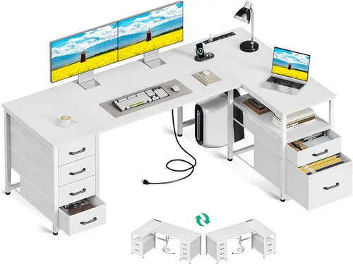 Vista 12 de Coleshome - Escritorio en forma de L para computadora con 6 cajones y toma de corriente, escritorio esquinero de 55 pulgadas con estante