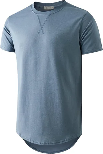 Vista 10 de KLIEGOU Camiseta larga 100% algodón para hombre, preencogida, suave 66 Gris Azul
