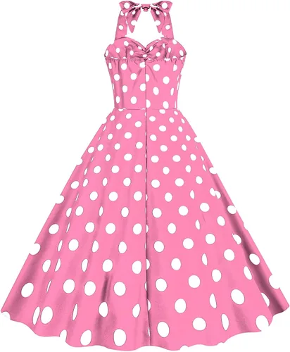 Vista 4 de Vestido vintage de los años 50 Audrey Hepburn para mujer, estilo halter, a lunares, retro, rockabilly de los años 50 y 60, para cóctel, fiesta