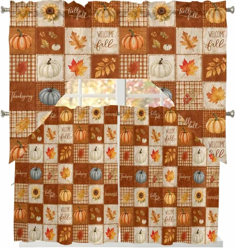 Vista 34 de Thanksgiving Fall Swag Kitchen Curtain Sets with Valance, Orange White Pumpkins 3 Pieces Curtain Drapes Rod Pocket for Bedroom Living Room Bathroom