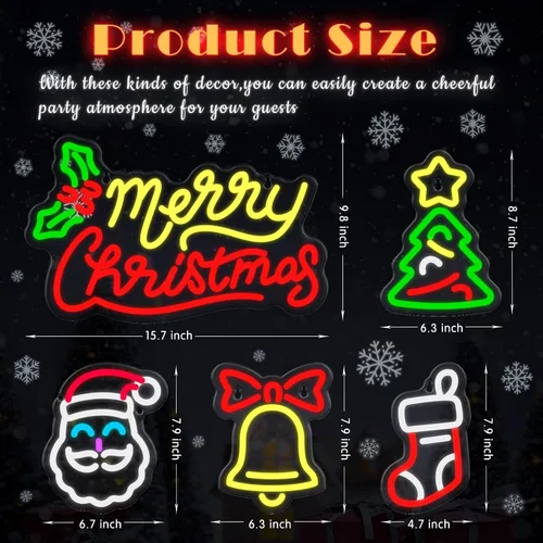 Vista 2 de 5 letreros de neón de Navidad con texto en inglés "Merry Christmas", campanas de Papá Noel, árbol de Navidad, luces LED, luces de neón de invierno