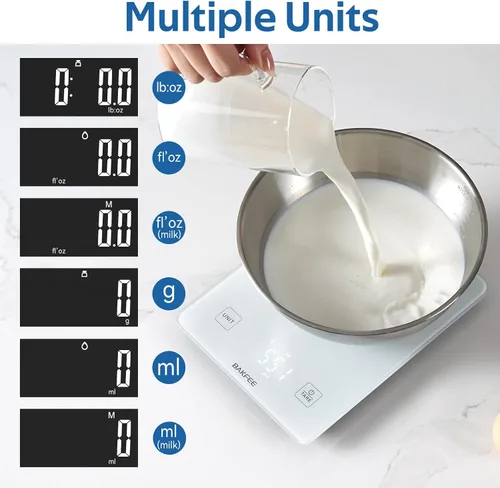 Vista 8 de Báscula de cocina impermeable IP67 con superficie de vidrio, báscula de alimentos de 10 kg, precisión de 1 g/0.1 oz, recargable por USB, pantalla