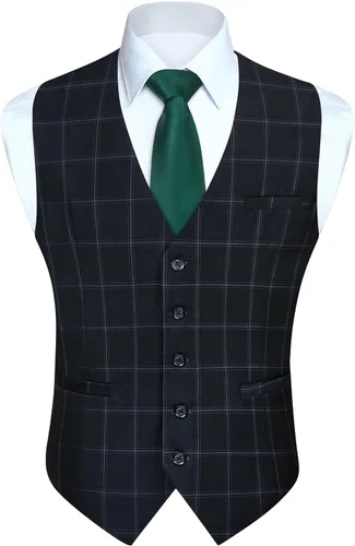 Vista 47 de HISDERN Vest 101 - Chaleco de traje ajustado para hombre con 3 bolsillos para negocios, formal, boda, baile de graduación y esmoquin casual a1-Negro