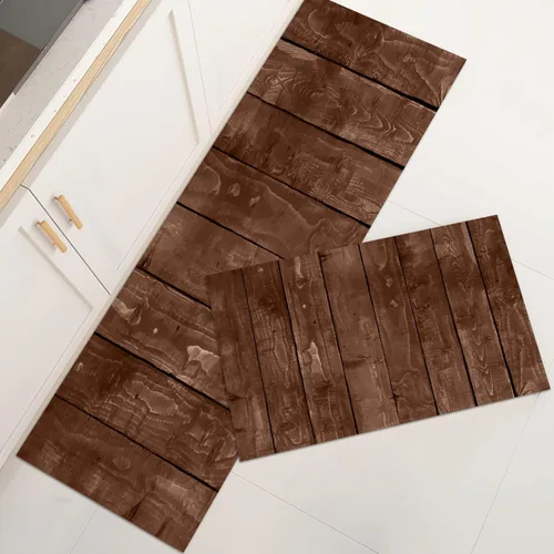 Vista 10 de GUBIYU Juego de 2 alfombras y tapetes de cocina de madera campestre, lavables, rústicas, tablones de madera marrón, alfombras de baño