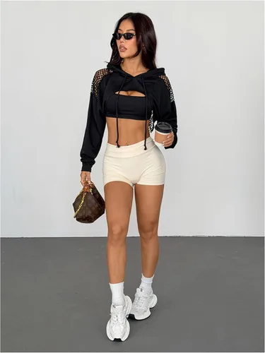 Vista 4 de SweatyRocks - Sudadera de manga larga, informal, corta, con diseño de abertura frontal, para mujer Negro sólido