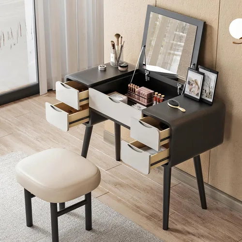 Vista 4 de Lartis Mesa de tocador con tapa abatible, elegante tocador de maquillaje con taburete, escritorio de maquillaje, espejo de maquillaje reversible