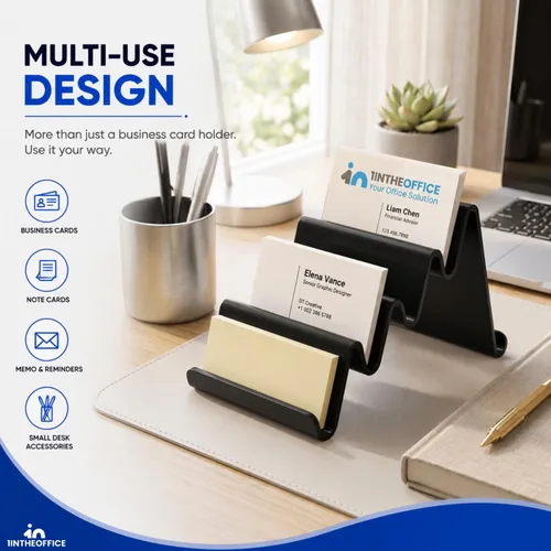 Vista 6 de 1InTheOffice Tarjetero de plástico para escritorio, 4 compartimentos, soporte para tarjetas de varios niveles, color negro