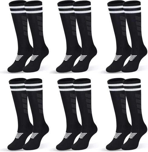 Vista 10 de 6 pares de calcetines elásticos de fútbol para niños, calcetines de tubo alto hasta la rodilla, coloridos calcetines de fútbol atlético para niños