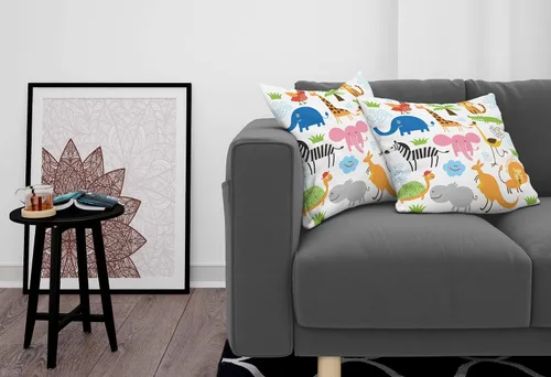 Vista 3 de Ambesonne Paquete de 2 fundas de cojín de animales, diseño de jirafa, elefante, cebra, tortuga, niños, guardería, estampado de dibujos animados