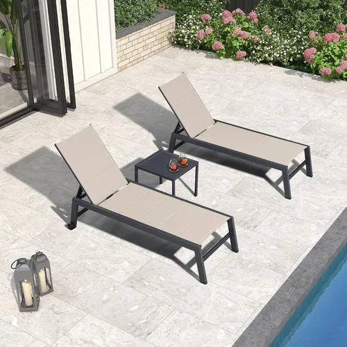 Vista 8 de PURPLE LEAF Juego de 2 tumbonas de aluminio para patio al aire libre con ruedas y mesa auxiliar, tumbona de piscina para jardín al aire libre, junto