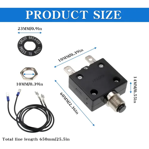 Vista 3 de 2 piezas de disyuntor térmico de 3 A, disyuntor de protector térmico de sobrecarga con botón de reinicio manual 32V DC 125/250V AC 3A con cables