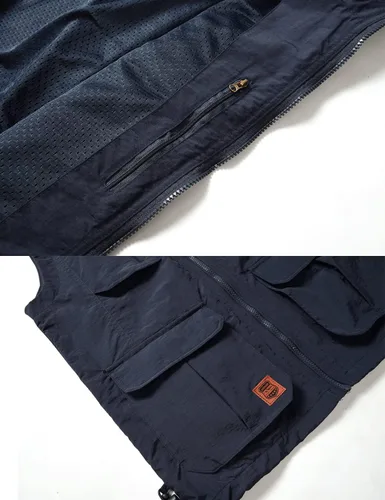 Vista 4 de Gnveub Chaleco de pesca para hombre, para trabajo al aire libre, secado rápido, con cremallera, reversible, con múltiples bolsillos