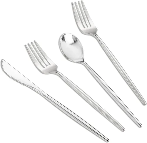 Vista 8 de SUT 150 PIEZAS Juego de Cubiertos de Plástico Dorados, Utensilios Dorados Desechables, Cubiertos de Plástico Resistente, Incluye 50 Cuchillos