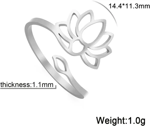 Vista 3 de kkjoy Anillo de yoga de flor de loto de acero inoxidable con diseño de loto ajustable, anillo de dedo abierto, regalo inspirador para mujeres