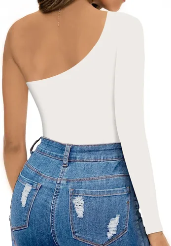 Vista 4 de MANGOPOP Women's One Shoulder Off Sleeveless Long Sleeve Tank Top Bodysuit Jumpsuits