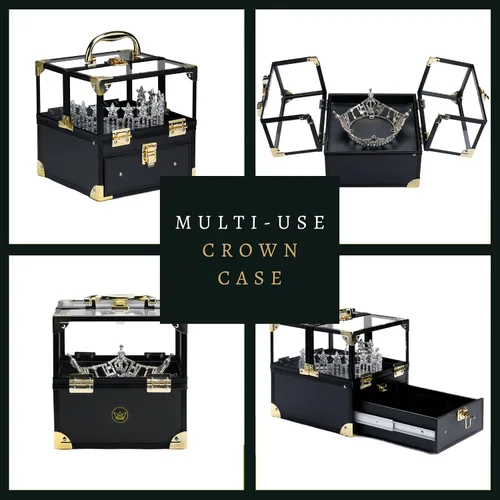 Vista 3 de Exhibición de caja de corona, tiara y faja, estuche de viaje con asa, estuches de almacenamiento para concursos y joyas (negro y dorado)