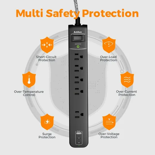 Vista 8 de Paquete de 2 Regletas Cortas con Protector de Sobretensiones - Addtam Regleta USB C, Cable de Extensión Plano de 3 pies con 5 Enchufes Ampliamente