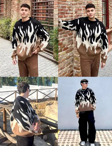 Vista 92 de ZAFUL Y2K - Suéter casual con estampado de llama estética para hombre, suéter de punto holgado, manga larga, cuello redondo